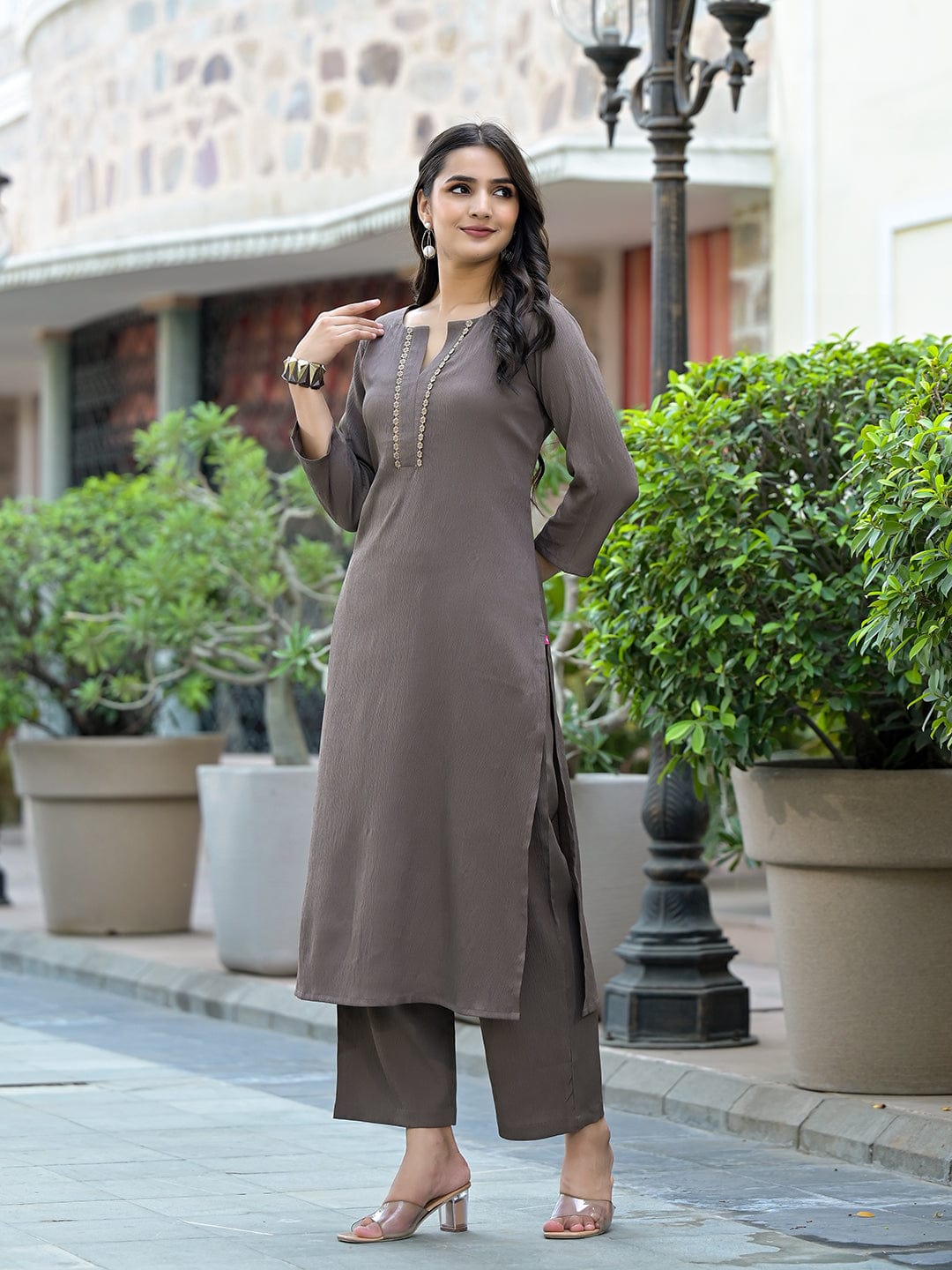Varanga Women Taupe Crepe Round Neck Kurta With Bottom