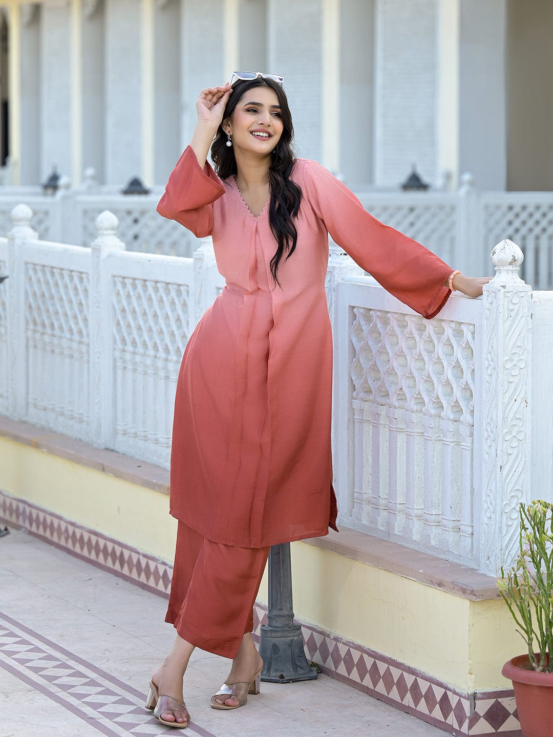 Varanga Women Ombre Coral A-Line Kurta Set