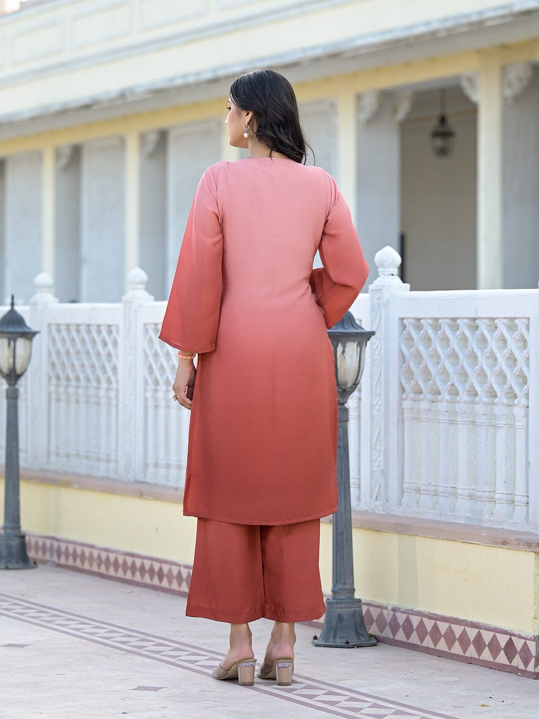 Varanga Women Ombre Coral A-Line Kurta Set