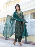 Varanga Women Green Floral Printed Gotta Lace Embellished A-Line Kurta With Straight Bottom And Dupatta