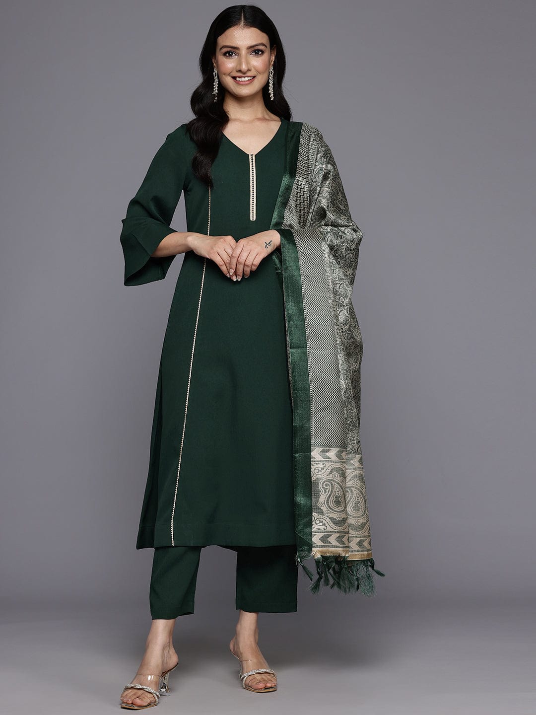 Varanga Women Olive Gota Lace Embellished Kurta With Bottom And Dupatta