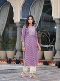 Varanga Mauve Straight Kurta With Embroidered Yoke