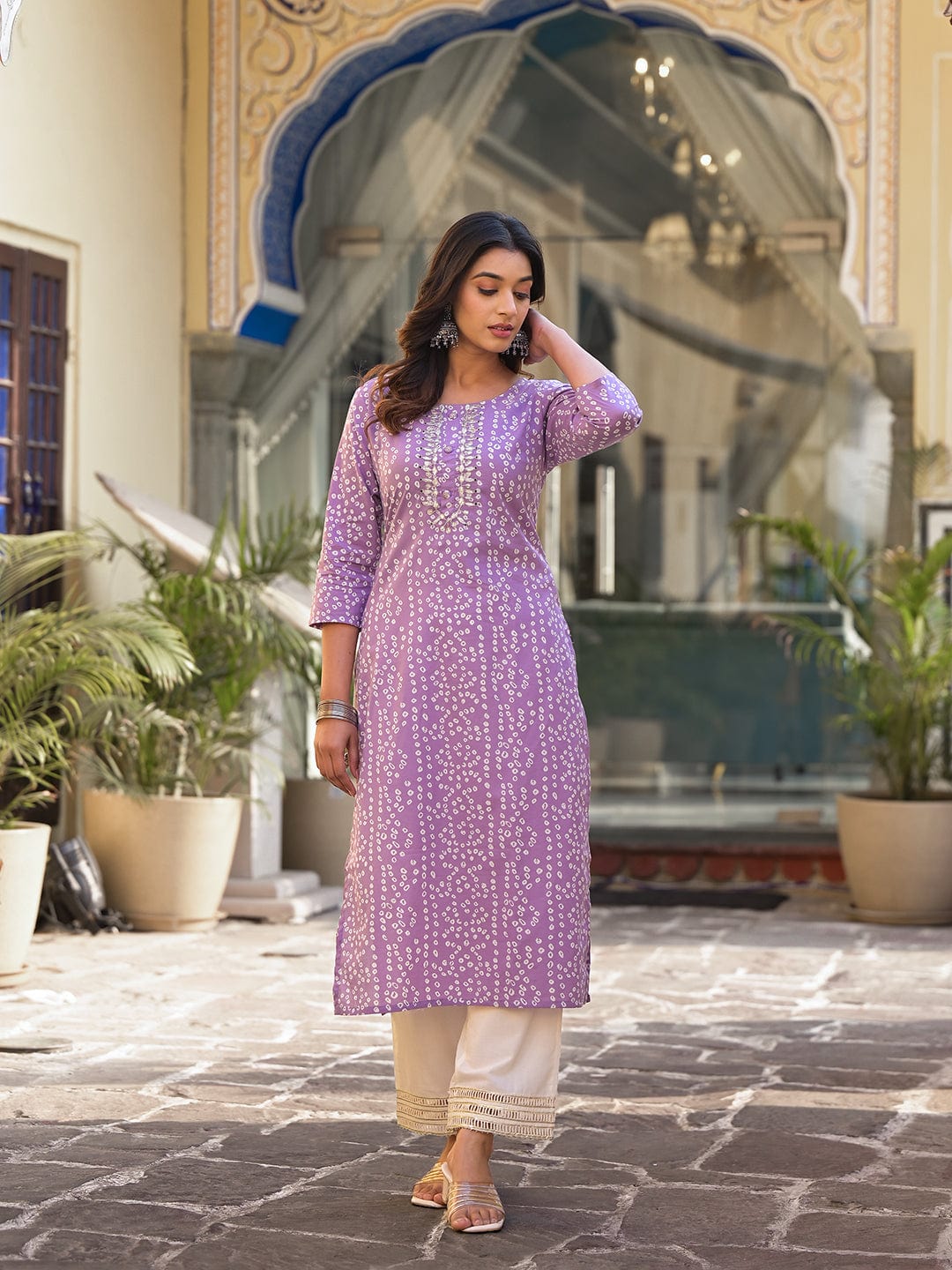 Varanga Lavender Bandhani Print Embroidered Kurta Has Round Neck