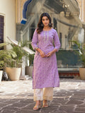Varanga Lavender Bandhani Print Embroidered Kurta Has Round Neck