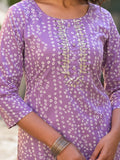 Varanga Lavender Bandhani Print Embroidered Kurta Has Round Neck