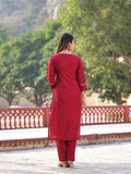 Varanga Maroon Yoke Embroidered Straight Kurta Paired With Sgtraight Pant And Leheriya Dupatta