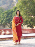 Varanga Maroon Yoke Embroidered Straight Kurta Paired With Sgtraight Pant And Leheriya Dupatta