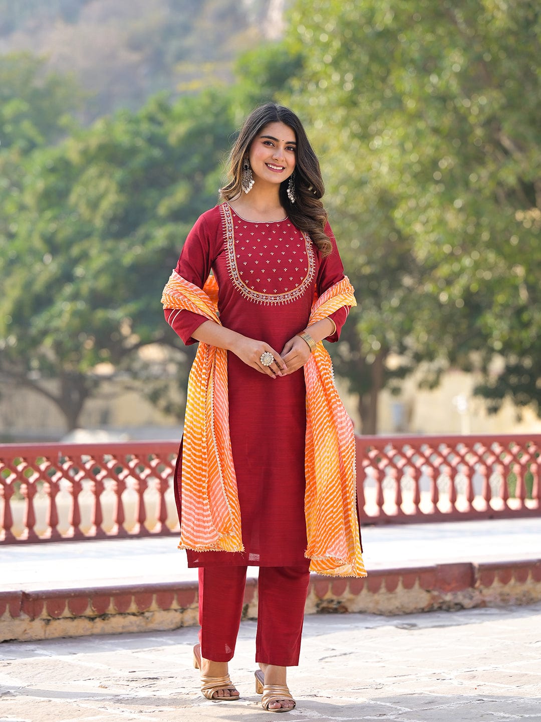 Varanga Maroon Yoke Embroidered Straight Kurta Paired With Sgtraight Pant And Leheriya Dupatta