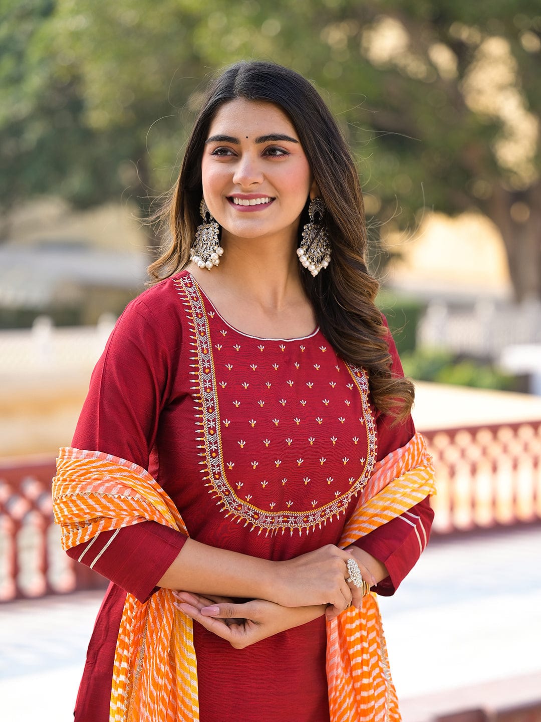Varanga Maroon Yoke Embroidered Straight Kurta Paired With Sgtraight Pant And Leheriya Dupatta