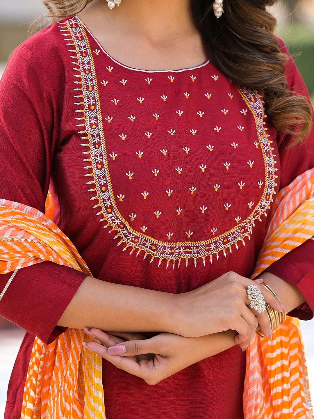 Varanga Maroon Yoke Embroidered Straight Kurta Paired With Sgtraight Pant And Leheriya Dupatta
