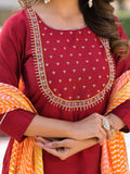 Varanga Maroon Yoke Embroidered Straight Kurta Paired With Sgtraight Pant And Leheriya Dupatta