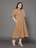 Varanga Women Plus Size Beige Shirt Collar A Line Dress