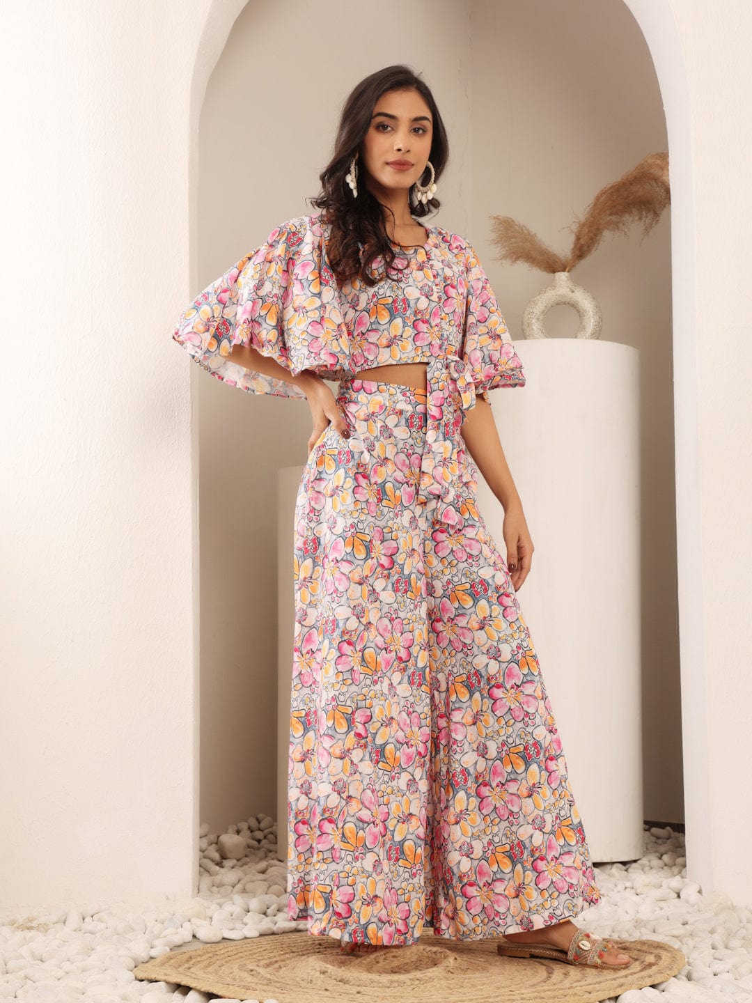 Varanga Women Grey Floral Printed Crop Top With Flared Sleeves, Front Open Tie Up Details Paired With Flared Bottom.