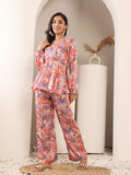 Varanga Women Blue & Coral Abstract Floral Printed Peplum Top Paired With Printed Bottom