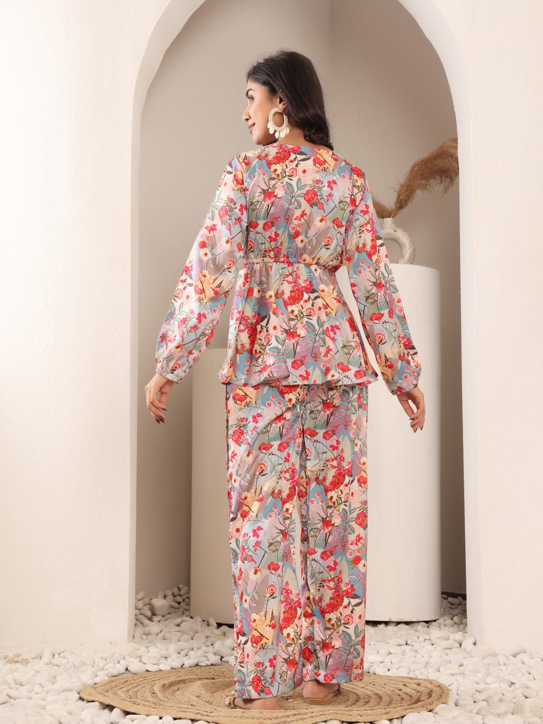 Varanga Women Lavender & Coral Abstract Floral Printed Peplum Top Paired With Straight Printed Bottom