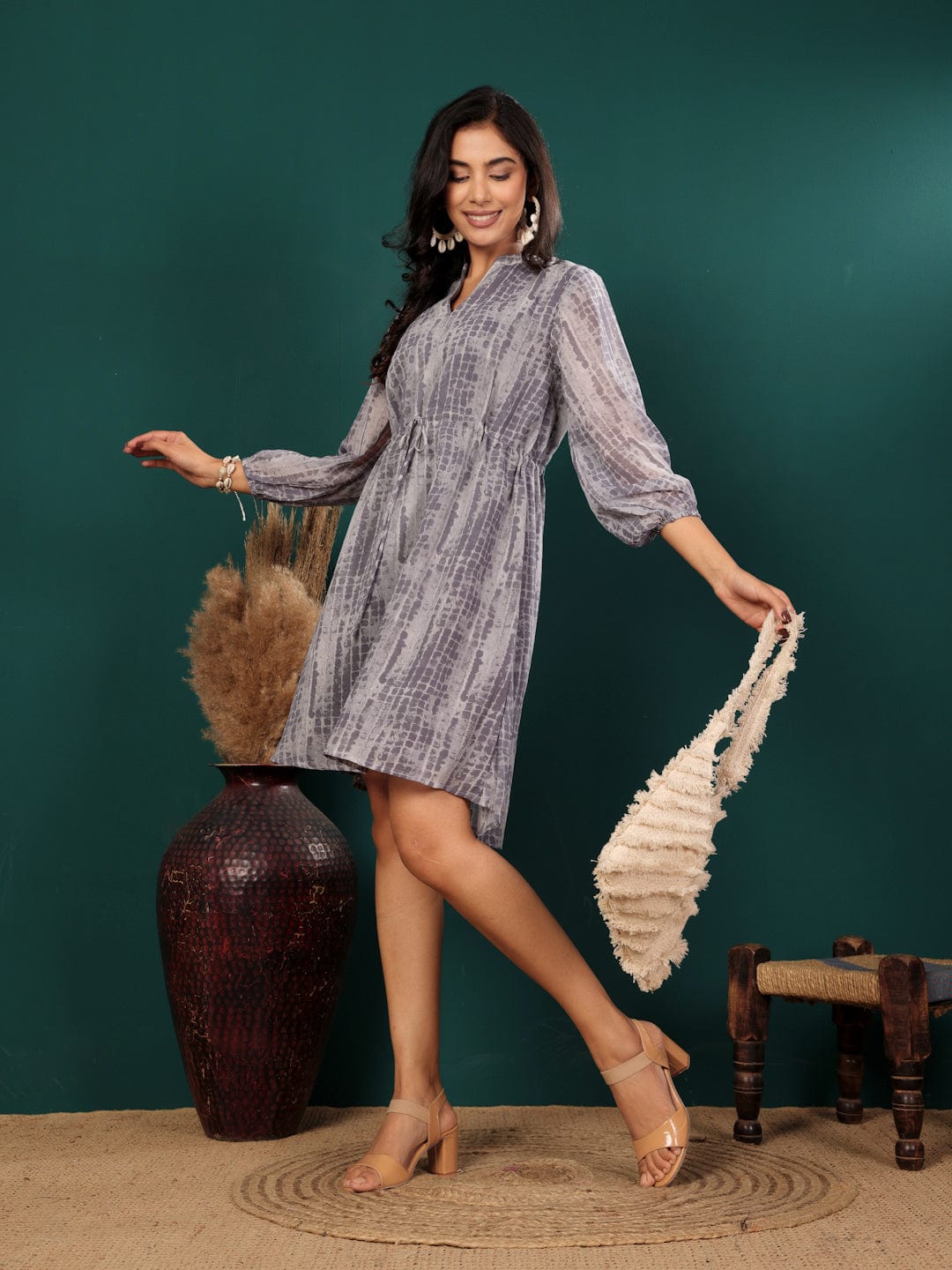 Varanga Women Tie And Dye Printed Short Dress With Three Quarter Puff Sleeves