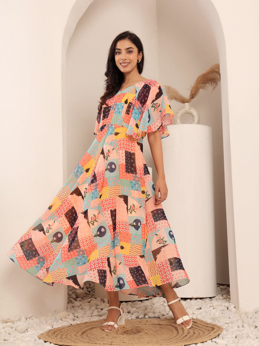 Varanga Women Floral Printed V-Neck Flared Sleeves Georgette Fit & Flare Midi Dress