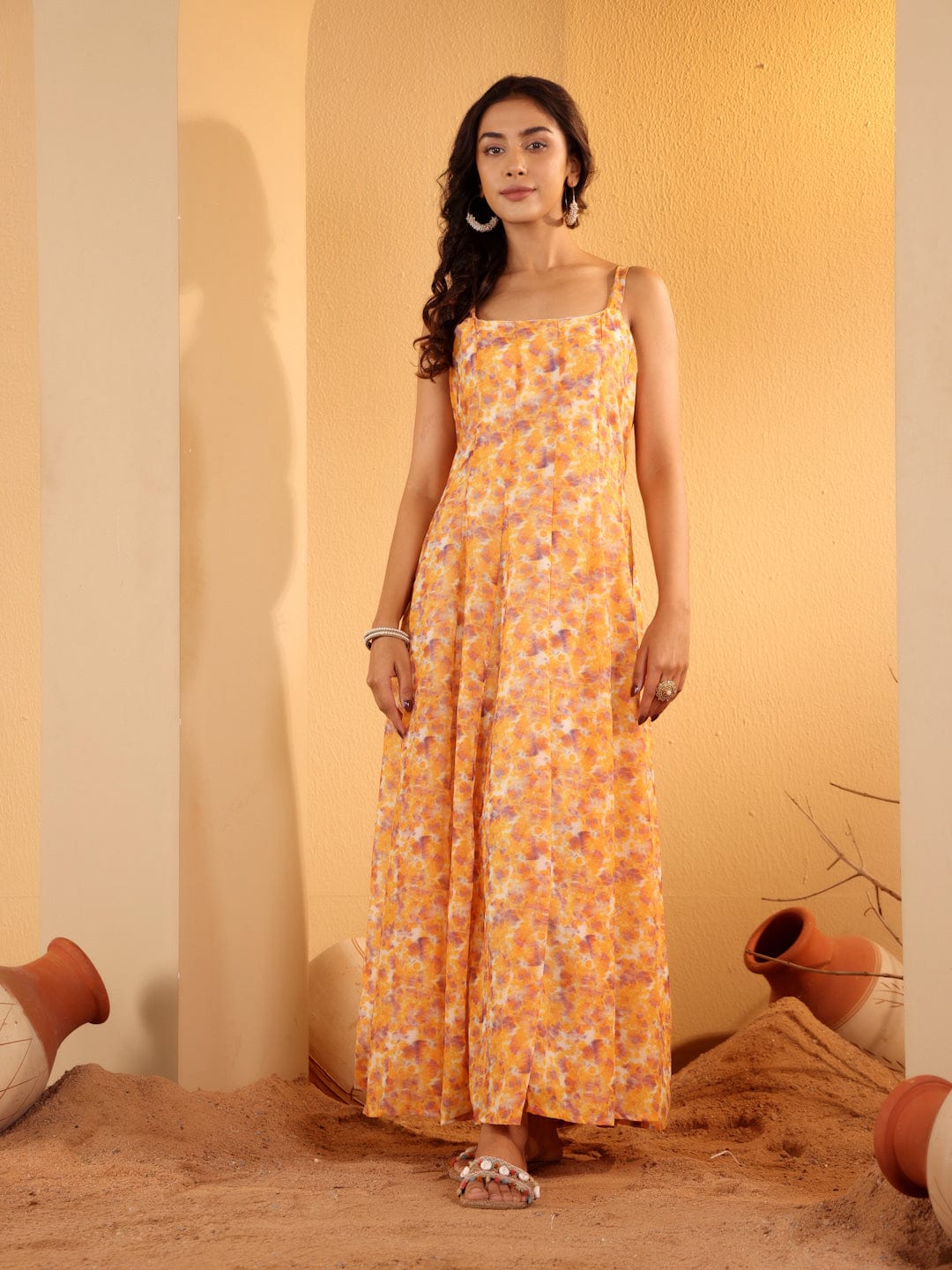 Varanga Women Yellow Georgette Printed Strap Style Anarkali Kurta With Dupatta