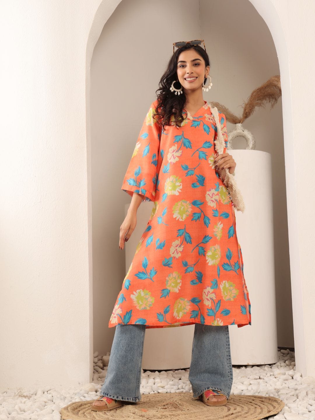 Varanga Women Orange Floral Printed V-Neck A-Line Kurta With Side Slits