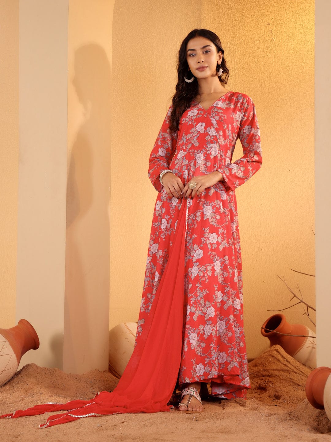 Varanga Women Red Floral Printed Angrakha Style Anarkali Kurta Paired With Chiffon Solid Dupatta