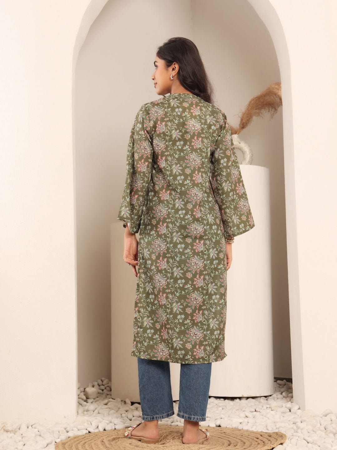 Varanga Women Olive Floral Printed Mandarin Collar Kurta With Long Flared Sleeves And Side Slits