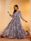 Varanga Women Navy Blue Floral Printed V-Neck Anarkali Kurta Paired With Dupatta