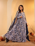 Varanga Women Navy Blue Floral Printed V-Neck Anarkali Kurta Paired With Dupatta