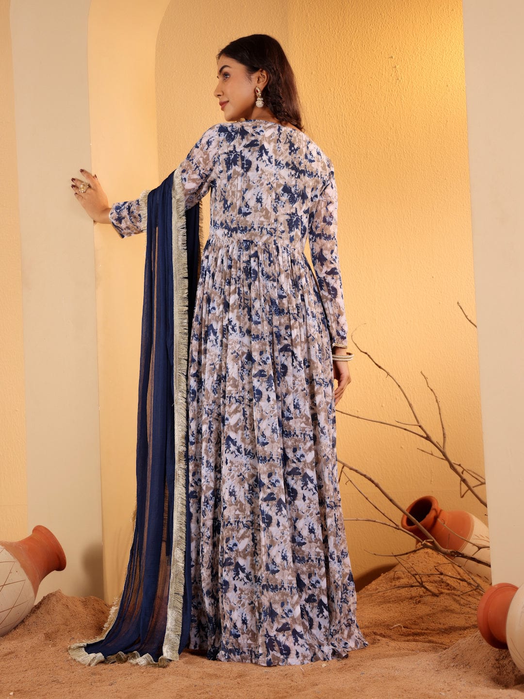 Varanga Women Navy Blue Floral Printed V-Neck Anarkali Kurta Paired With Dupatta