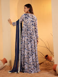 Varanga Women Navy Blue Floral Printed V-Neck Anarkali Kurta Paired With Dupatta