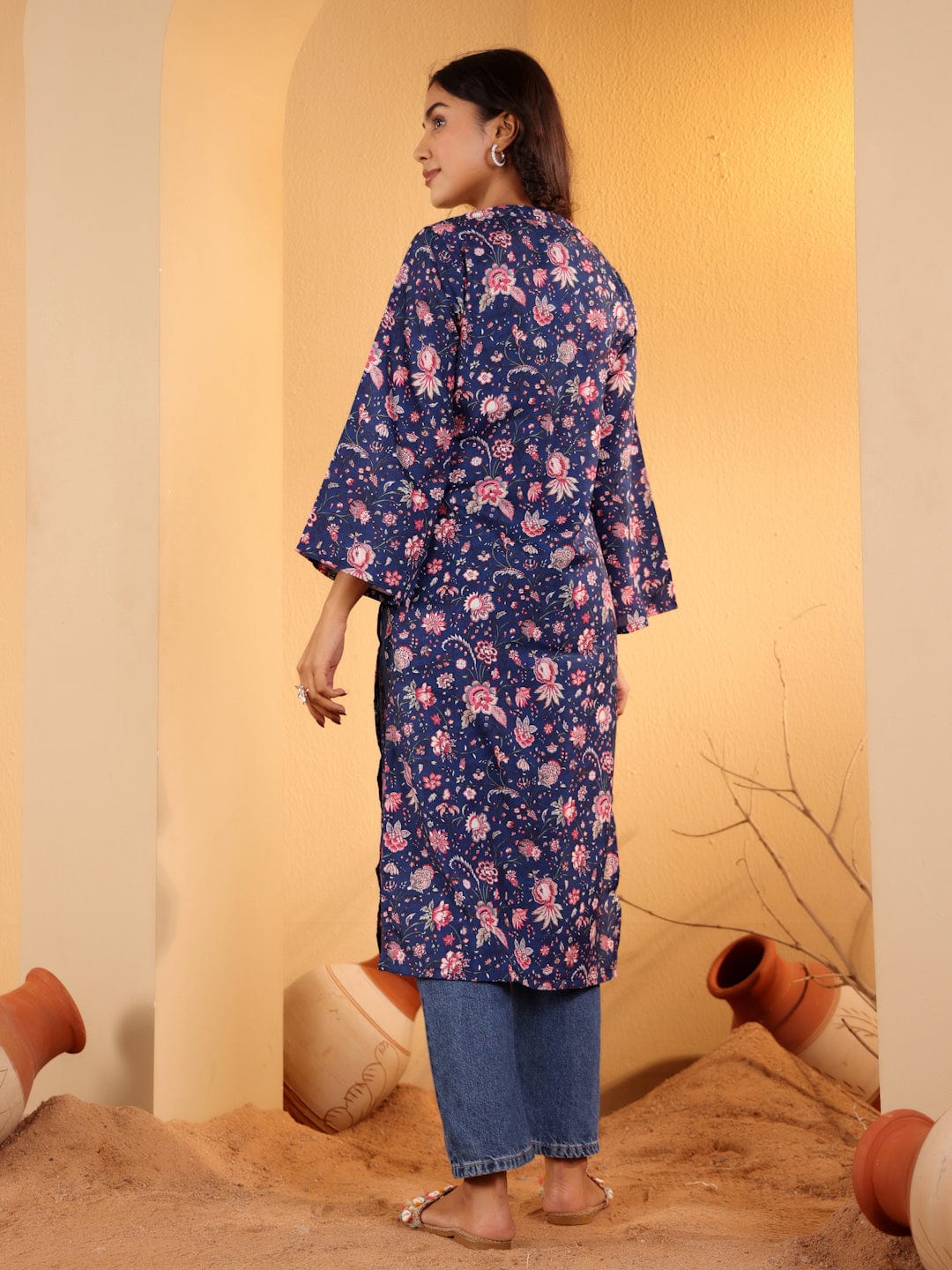 Varanga Women Blue Floral Printed Straight Kurta With Flared Sleeves