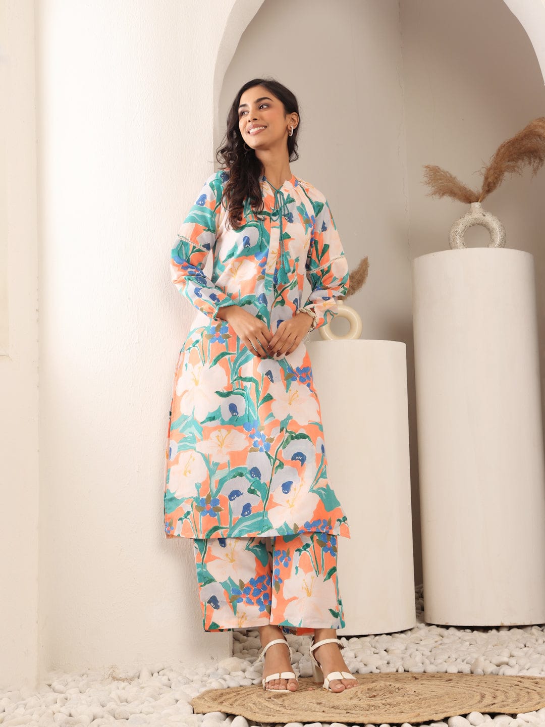 Varanga Women Orange Floral Printed Mandarin Collar With Gathered Details, Bishop Sleeves Straight Tunic Paired With Printed Bottom