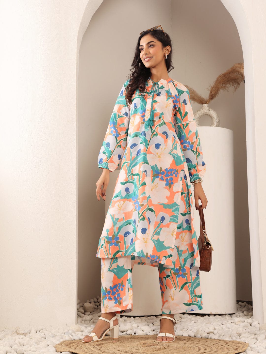 Varanga Women Orange Floral Printed Mandarin Collar With Gathered Details, Bishop Sleeves Straight Tunic Paired With Printed Bottom