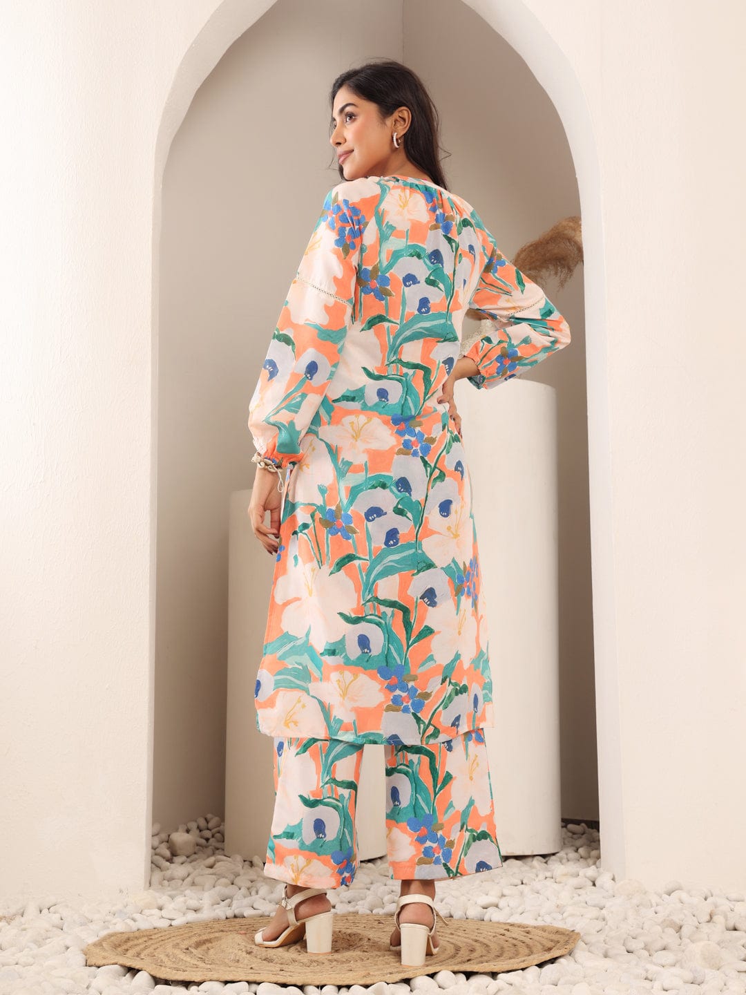 Varanga Women Orange Floral Printed Mandarin Collar With Gathered Details, Bishop Sleeves Straight Tunic Paired With Printed Bottom