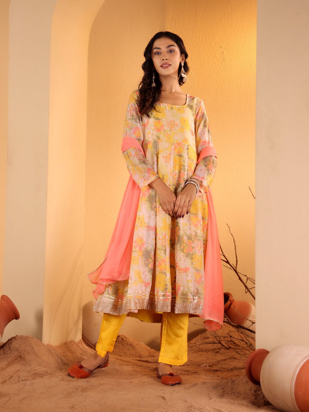 Varanga Women Yellow Floral Printed Round Neck Anarkali Kurta Paired With Tonal Bottom And Contrast Dupatta With Triangular Lace