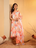 Varanga Women Beige Abstract Printed Sleeveless Anarkali Kurta Paired With Tonal Solid Bottom And Dupatta
