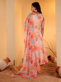 Varanga Women Beige Abstract Printed Sleeveless Anarkali Kurta Paired With Tonal Solid Bottom And Dupatta