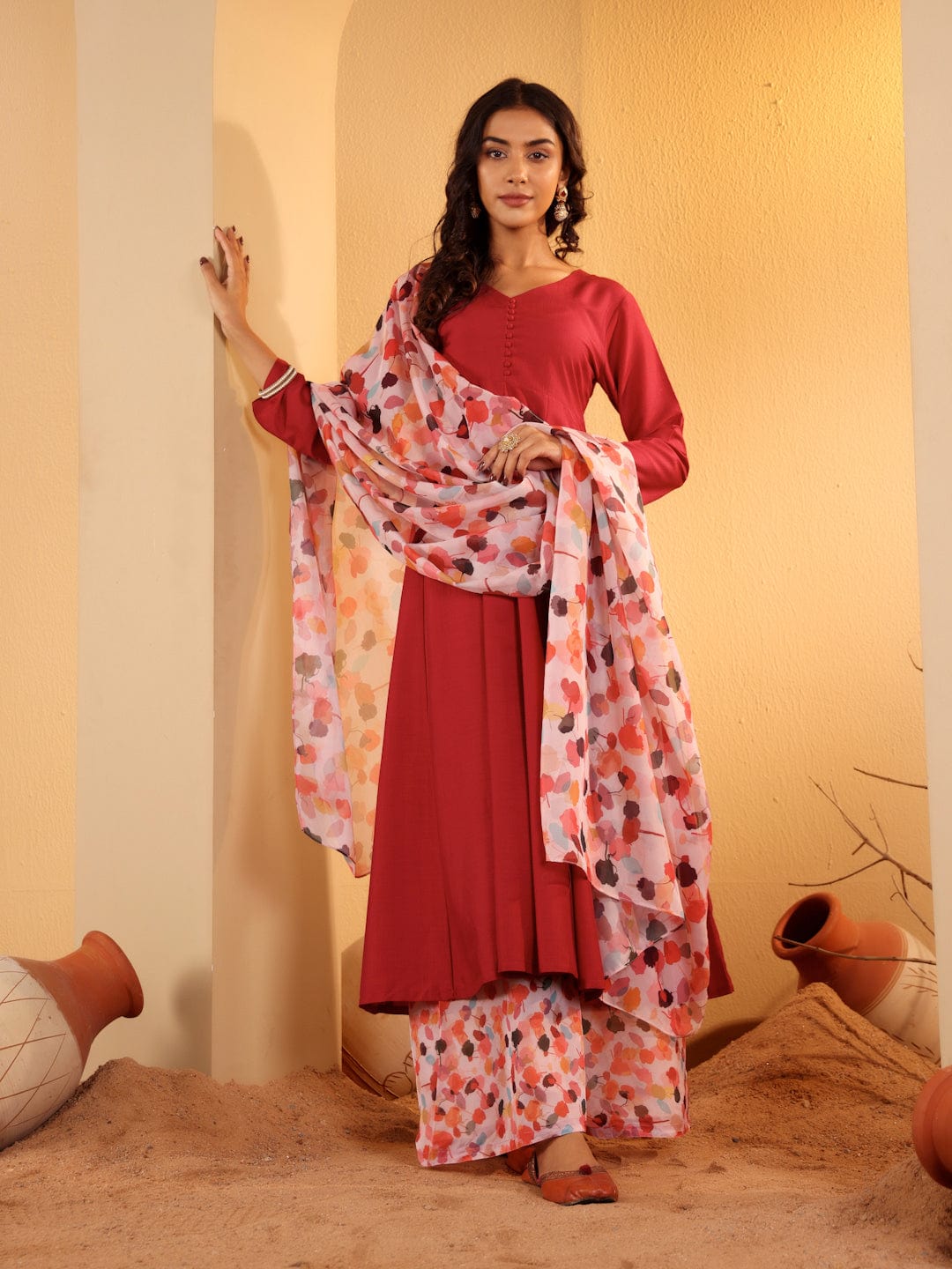 Varanga Women Maroon Anarkali Kurta Paired With Contrast Bottom And Dupatta