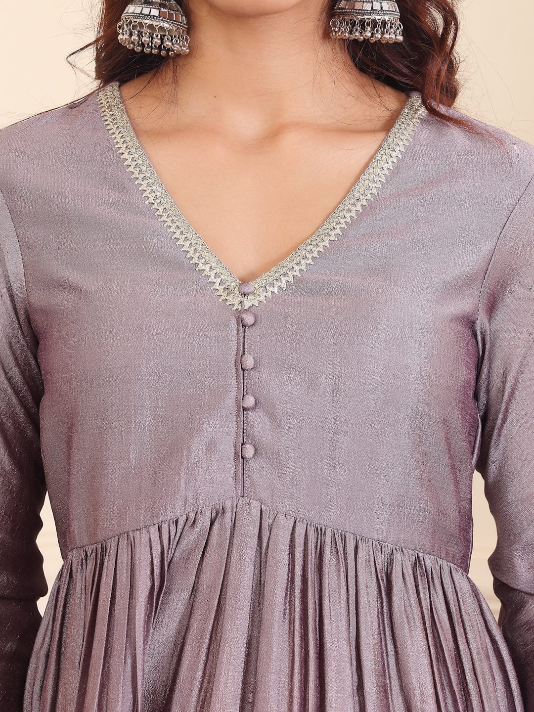 Varanga V-Neck Lavendar & Silver Toned Gotta Patti A-Line Flared Kurta with Palazzo