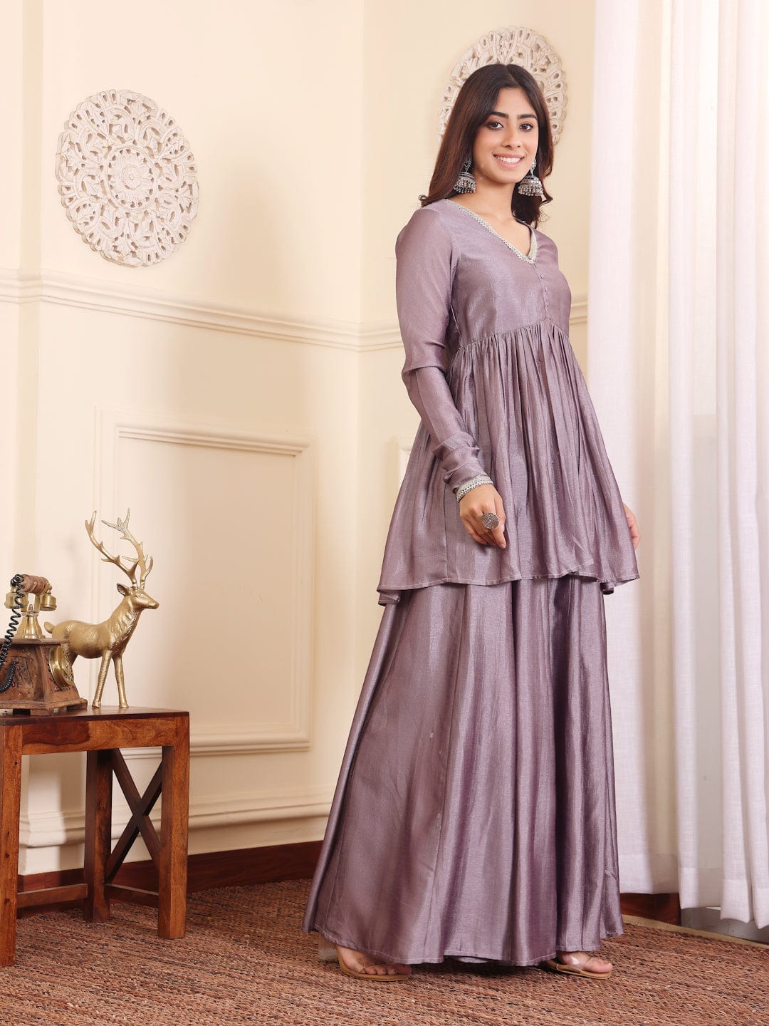 Varanga V-Neck Lavendar & Silver Toned Gotta Patti A-Line Flared Kurta with Palazzo
