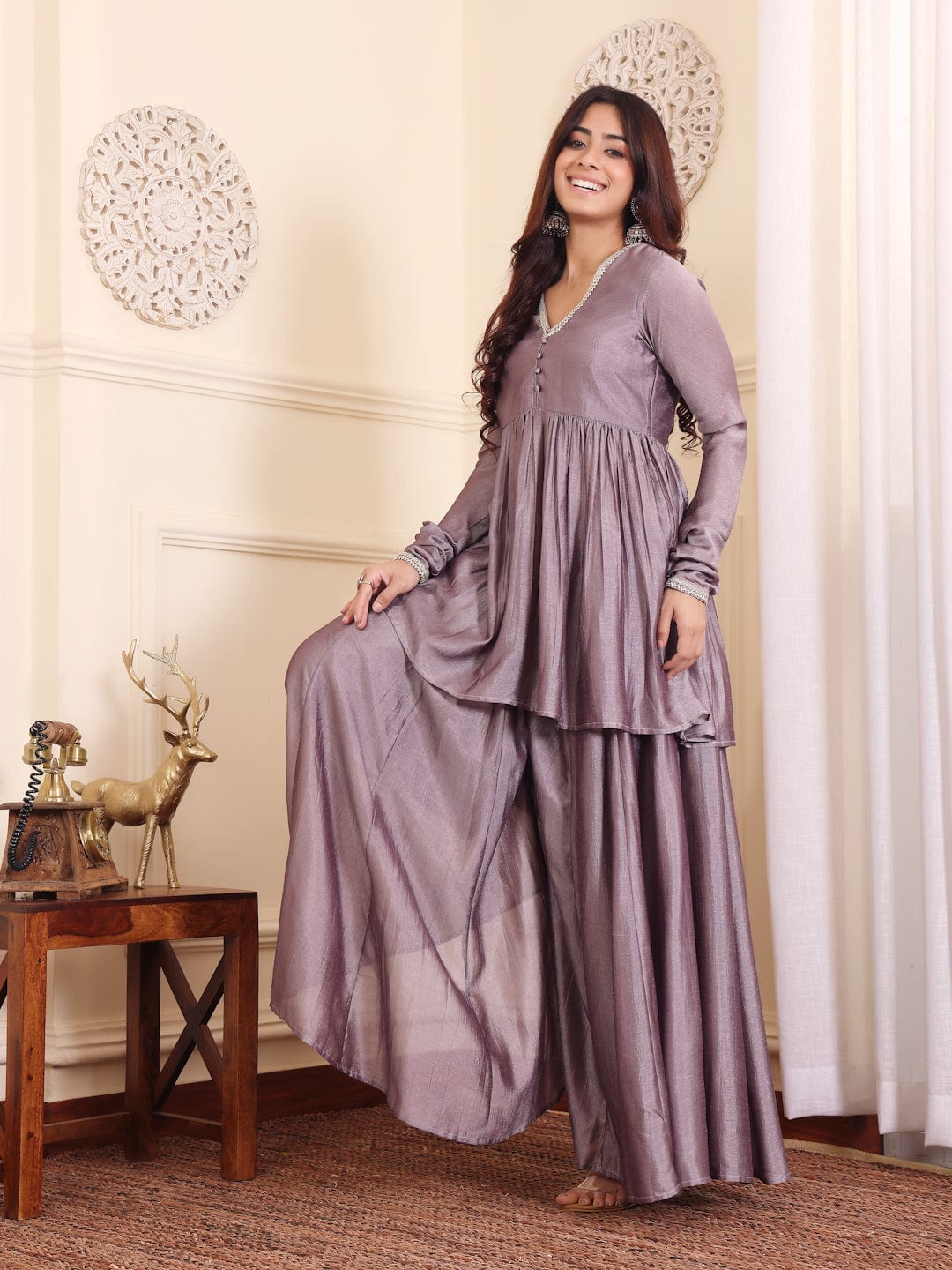 Varanga V-Neck Lavendar & Silver Toned Gotta Patti A-Line Flared Kurta with Palazzo