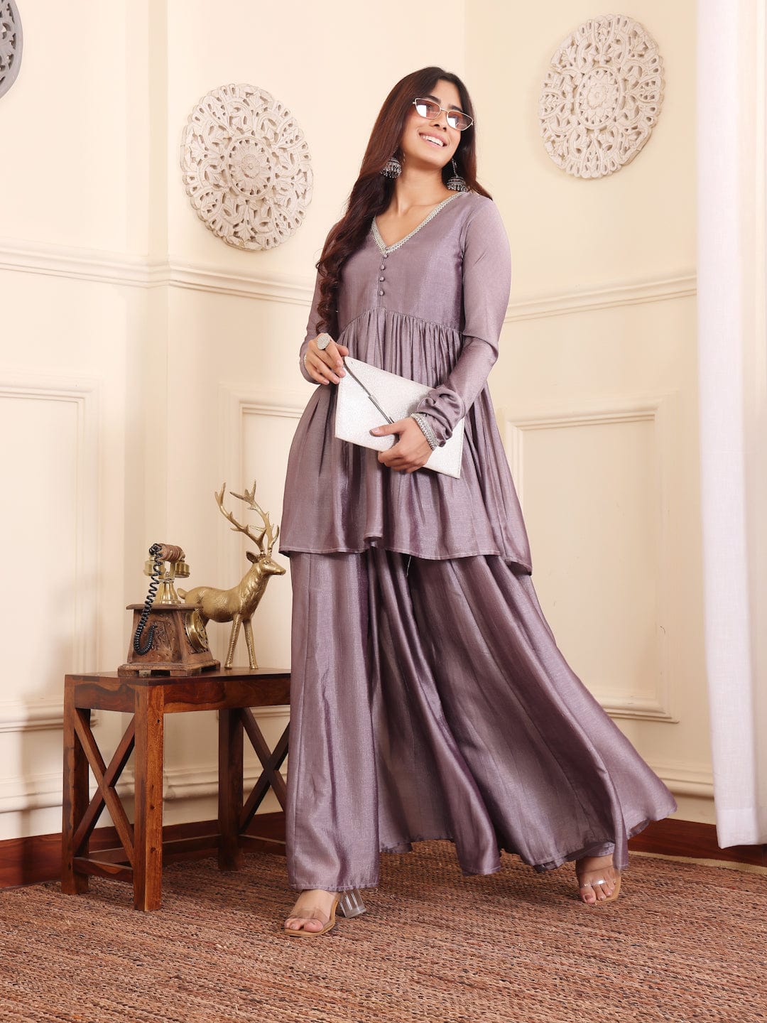 Varanga V-Neck Lavendar & Silver Toned Gotta Patti A-Line Flared Kurta with Palazzo