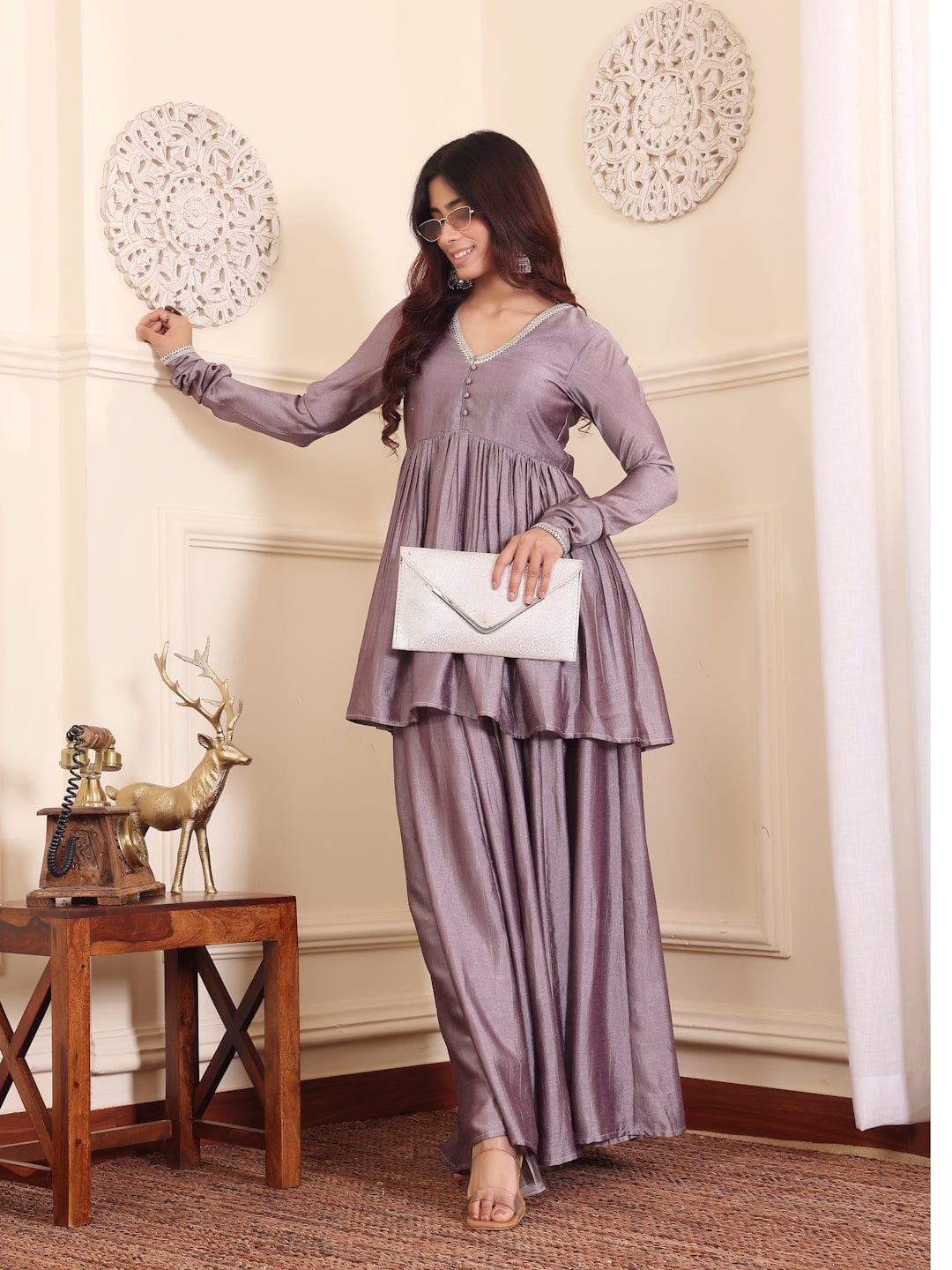 Varanga V-Neck Lavendar & Silver Toned Gotta Patti A-Line Flared Kurta with Palazzo