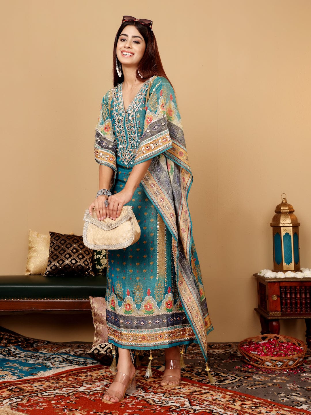 Varanga Women Teal Blue Pure Silk Gotta And Mirror Work Kaftan With Tulip Pants