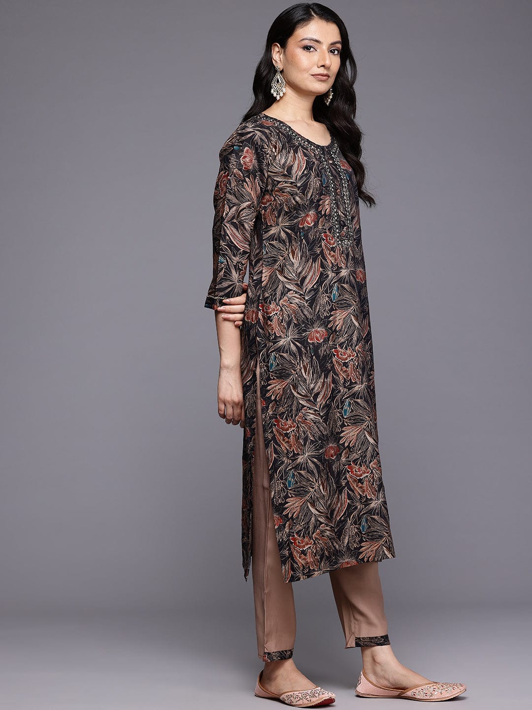 Varanga Women Black Round Neck Printed Embroidered Kurta Paired with Bottom and Dupatta