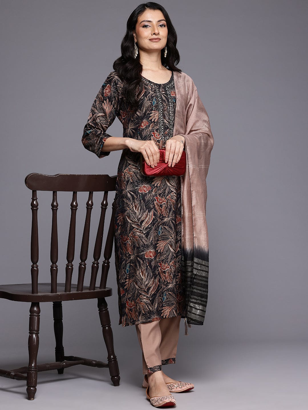 Varanga Women Black Round Neck Printed Embroidered Kurta Paired with Bottom and Dupatta