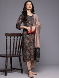 Varanga Women Black Round Neck Printed Embroidered Kurta Paired with Bottom and Dupatta