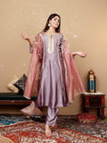 Varanga Women Lavender Zari Lace Embellished Anarkali Kurta With Trousers And Tissue Dupatta.