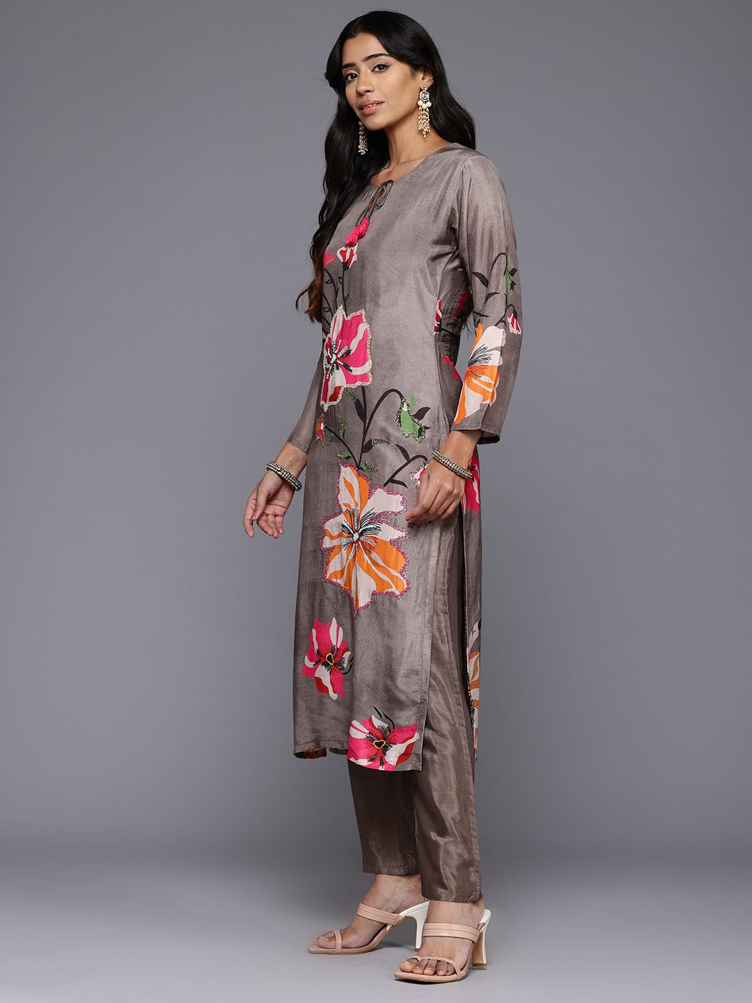 Varanga Women Grey Floral Printed Beads and Stones Embellished Straight Kurta with Trousers and Dupatta