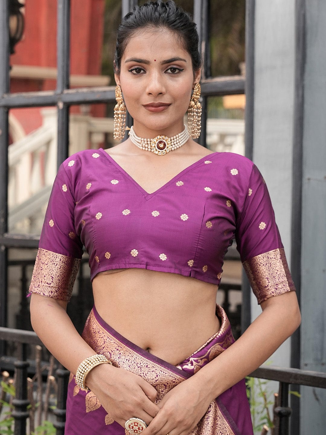 Varanga Purple Cotton Blend Banarasi Saree