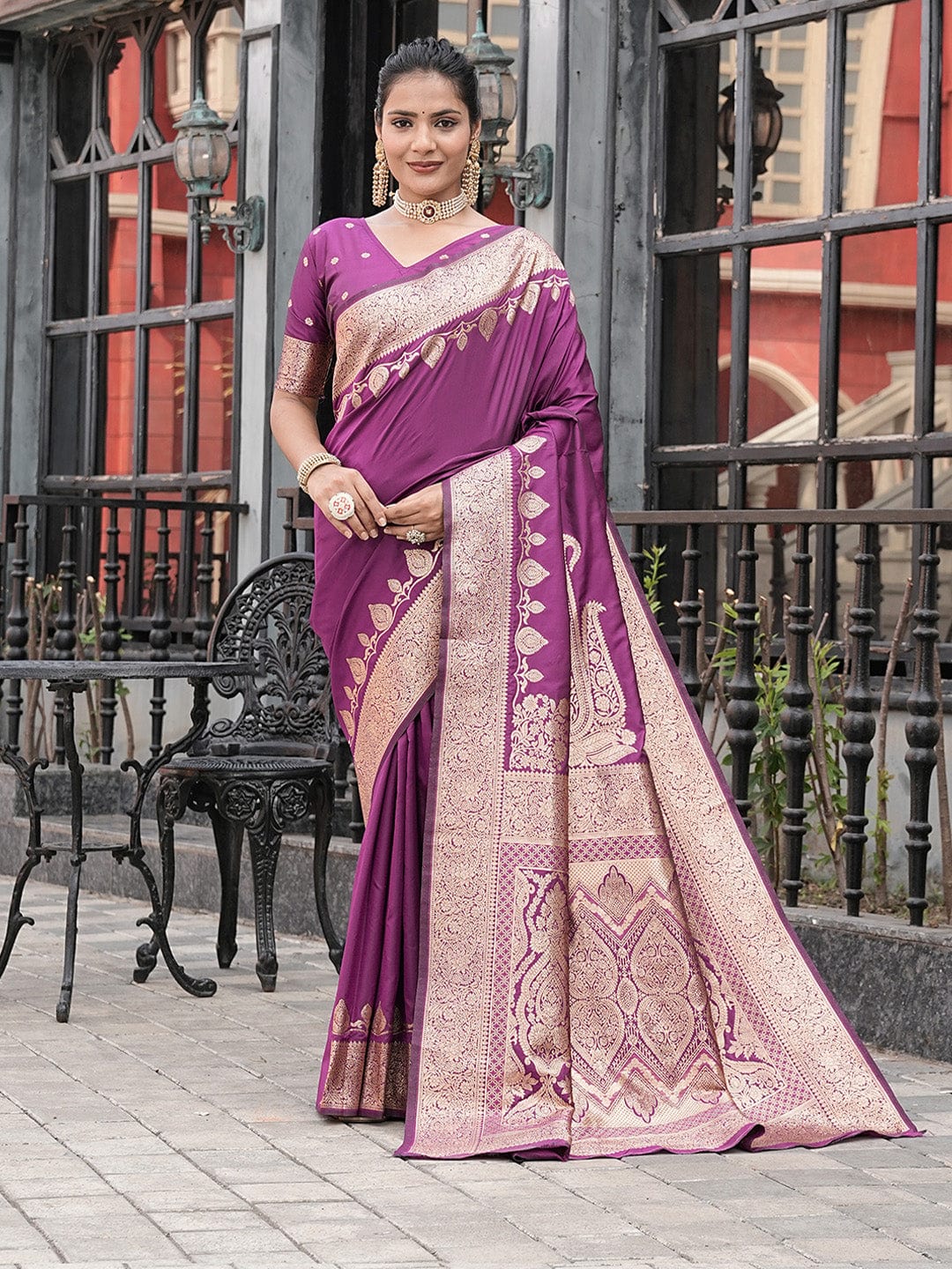 Varanga Purple Cotton Blend Banarasi Saree
